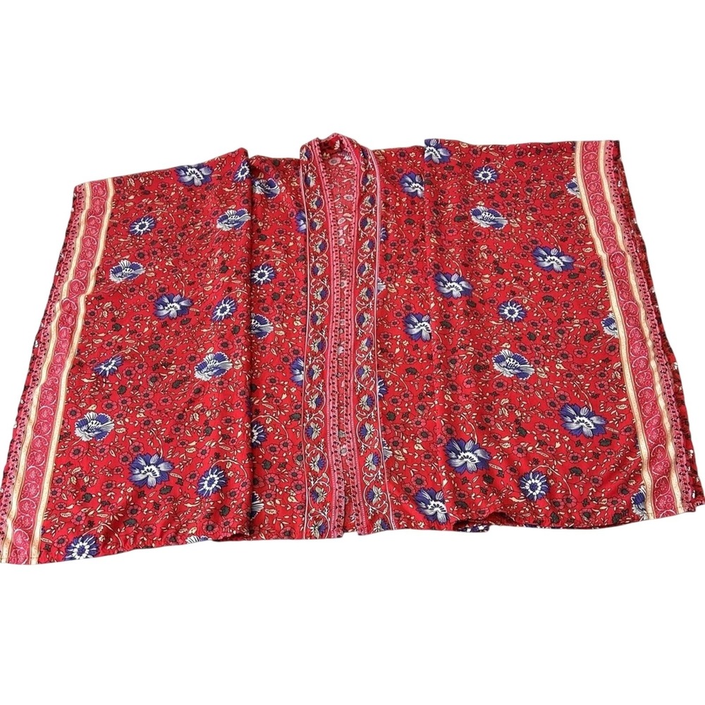 Women's Contemporary Red Floral Open Front Kimono Top Boho Festival OS